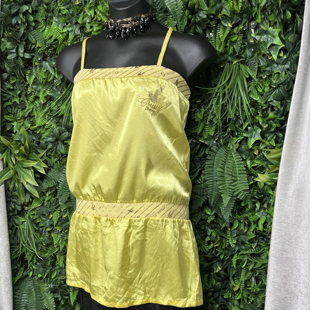 VTG G-UNIT Women Tops XL Yellow Graphic‎ Embroidered Spaghetti Strap Blouse 1676